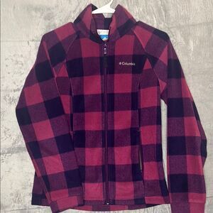 Columbia Pink Purple Plaid Patchwork Full Zip Soft Fleece Jacket Size 14/16